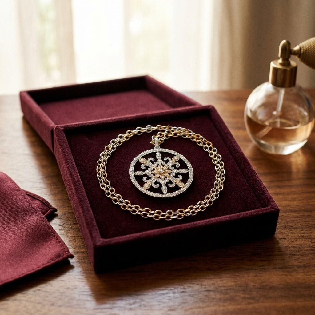 Fleur Di Lis Diamond Circle Pendant In 18k Two Tone Gold — velvet box