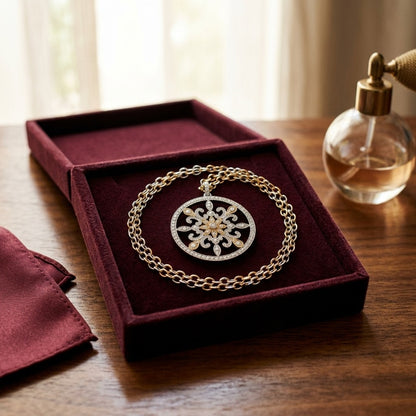 Fleur Di Lis Diamond Circle Pendant In 18k Two Tone Gold — velvet box