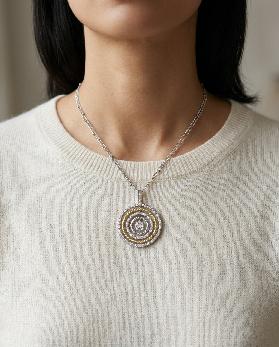 Diamond Concentric Circles Pendant With Rope Texture In 18k Two Tone Gold — editorial close-up