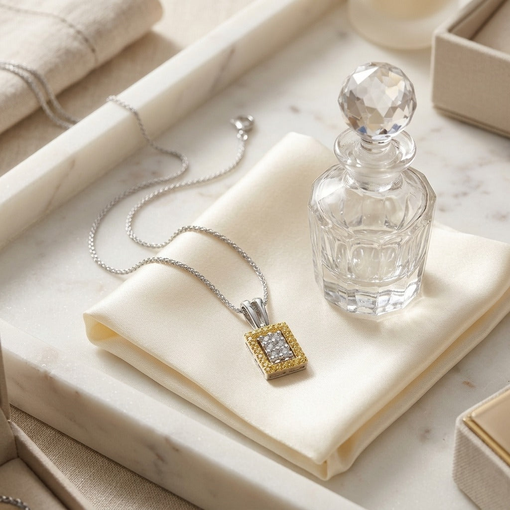 Yellow Sapphire And Diamond Rectangle Cluster Pendant In 18k Two Tone Gold 1/6ctw — marble silk