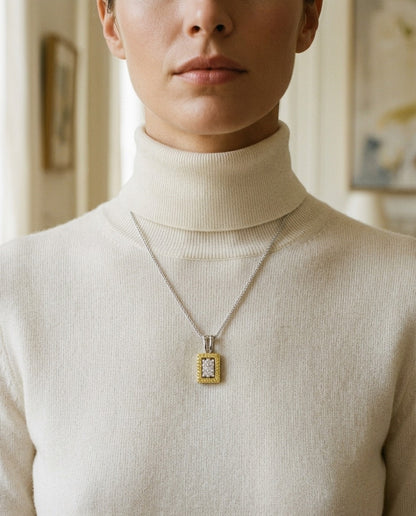 Yellow Sapphire And Diamond Rectangle Cluster Pendant In 18k Two Tone Gold 1/6ctw — portrait close