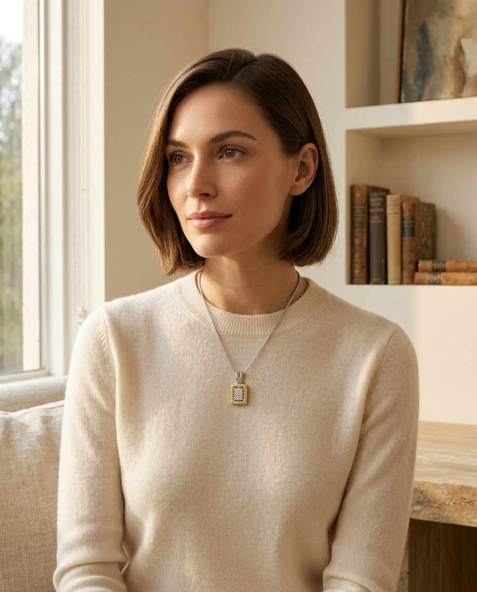 Yellow Sapphire And Diamond Rectangle Cluster Pendant In 18k Two Tone Gold 1/6ctw — portrait full