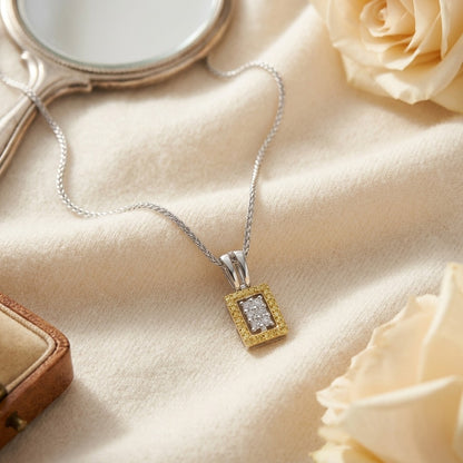 Yellow Sapphire And Diamond Rectangle Cluster Pendant In 18k Two Tone Gold 1/6ctw — textile flat lay