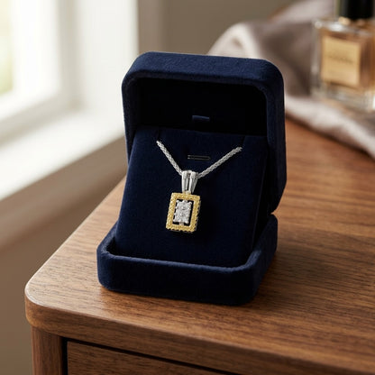 Yellow Sapphire And Diamond Rectangle Cluster Pendant In 18k Two Tone Gold 1/6ctw — velvet box