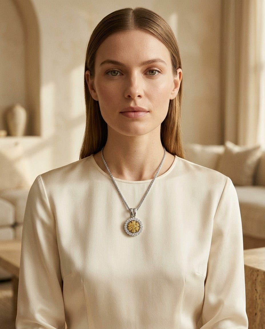 Yellow Sapphire Floral Cluster And Diamond Halo Pendant In 18k Two Tone Gold 1/6ctw — portrait close