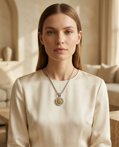 Yellow Sapphire Floral Cluster And Diamond Halo Pendant In 18k Two Tone Gold 1/6ctw — portrait close