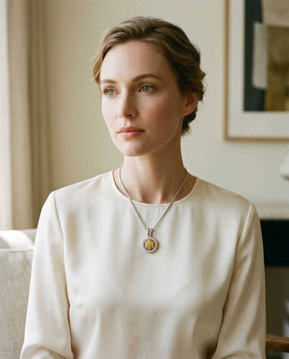 Yellow Sapphire Floral Cluster And Diamond Halo Pendant In 18k Two Tone Gold 1/6ctw — portrait full