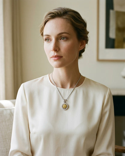 Yellow Sapphire Floral Cluster And Diamond Halo Pendant In 18k Two Tone Gold 1/6ctw — portrait full
