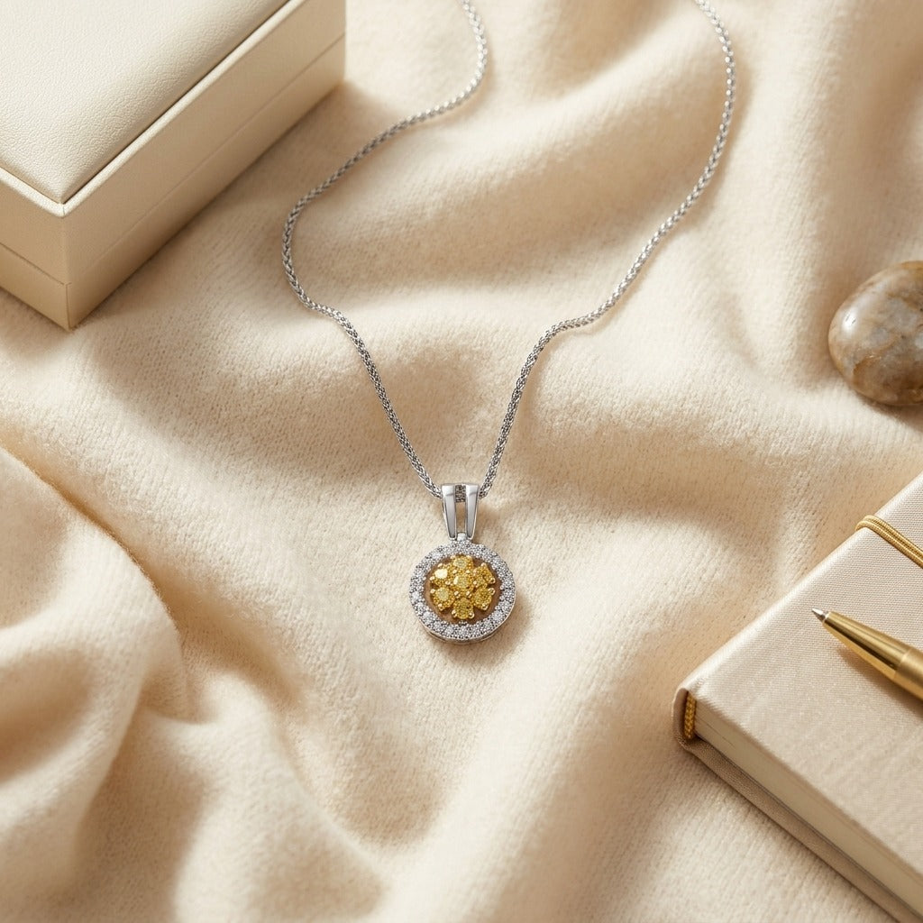 Yellow Sapphire Floral Cluster And Diamond Halo Pendant In 18k Two Tone Gold 1/6ctw — textile flat lay