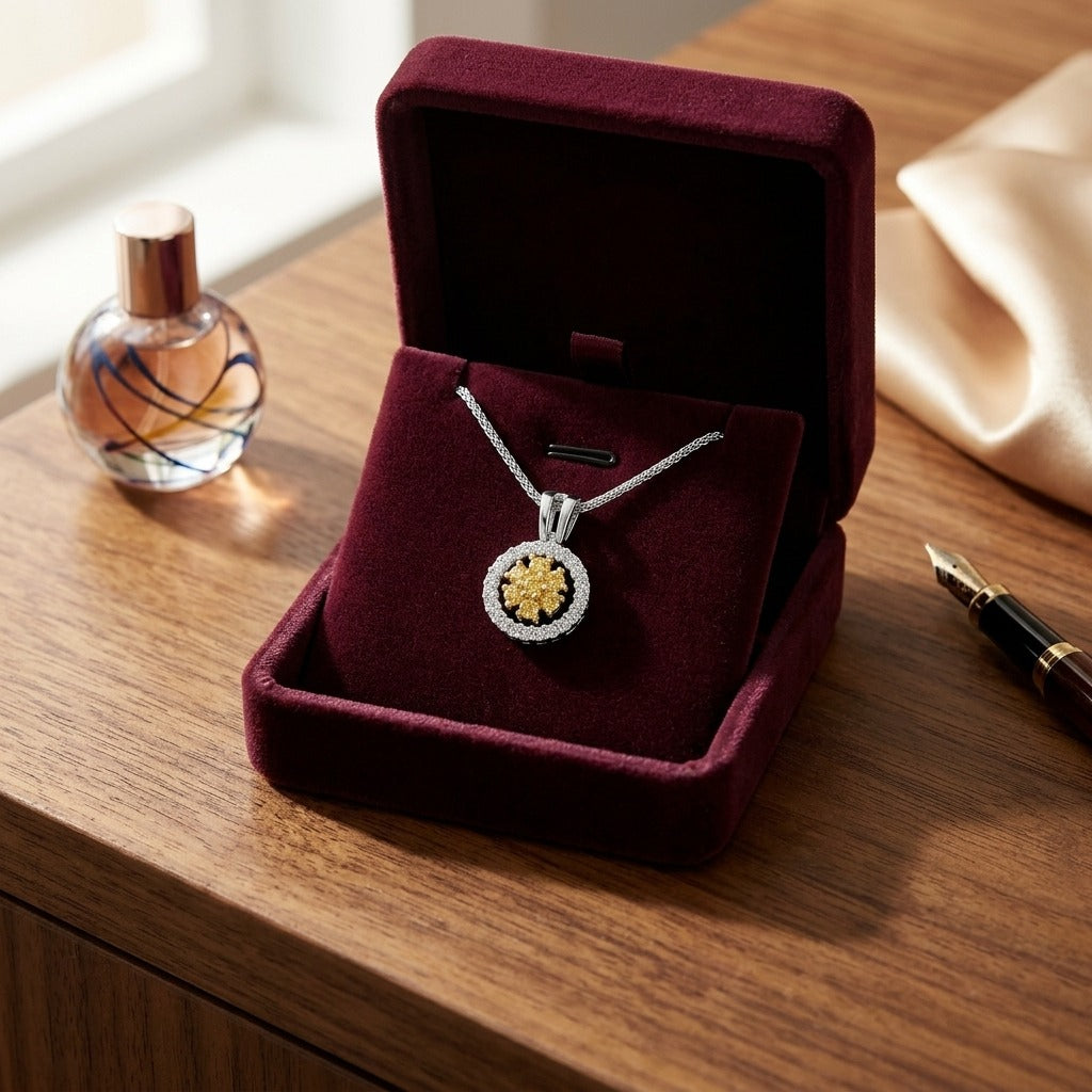 Yellow Sapphire Floral Cluster And Diamond Halo Pendant In 18k Two Tone Gold 1/6ctw — velvet box