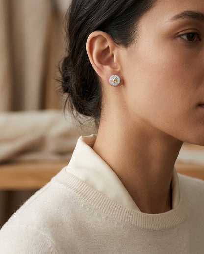 Diamond Screw Button Earrings In 18k Yellow And White Gold — editorial close-up