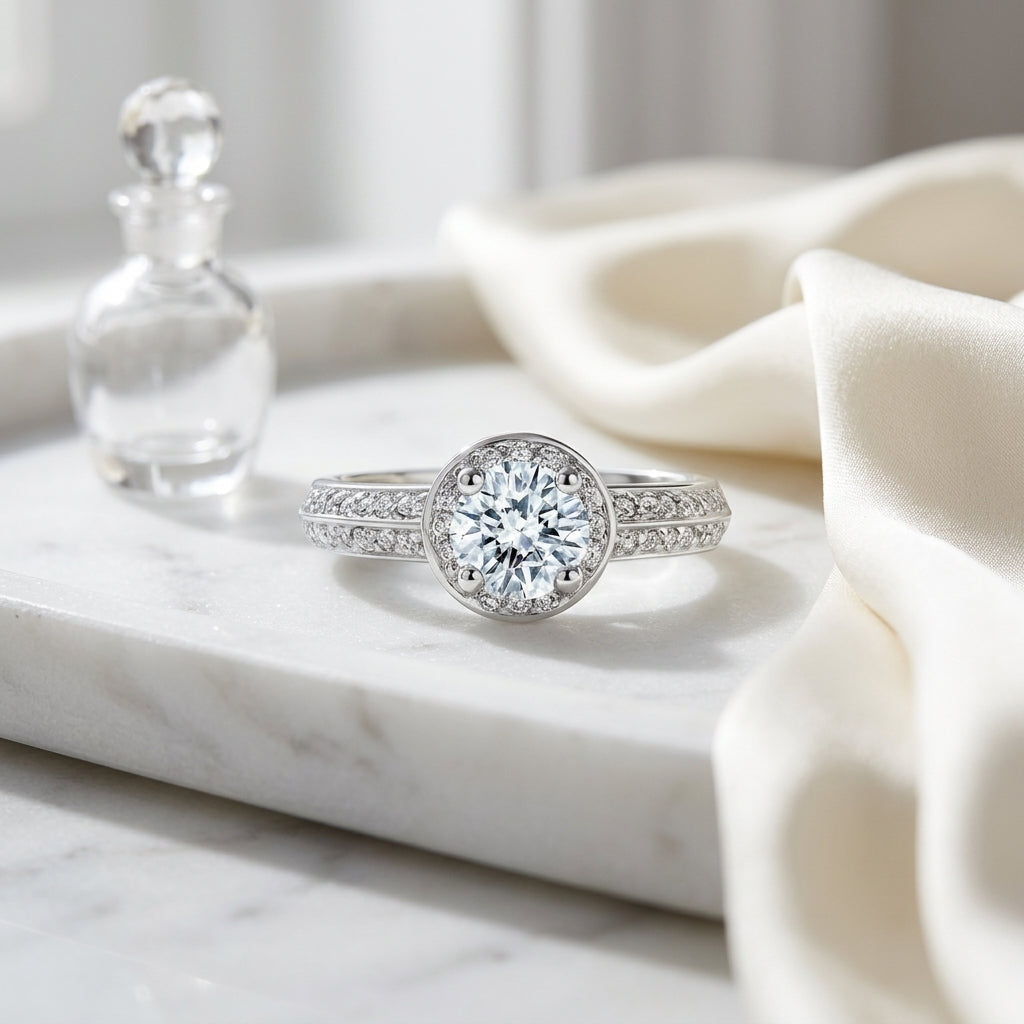Diamond Halo Ring In 18k White Gold (1.00 Ctw) — atelier still life
