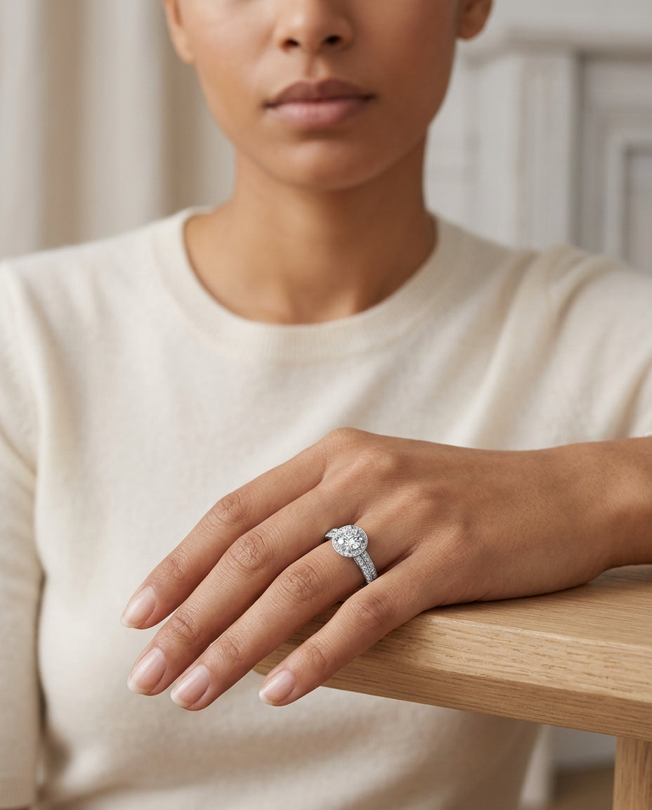 Diamond Halo Ring In 18k White Gold (1.00 Ctw) — editorial close-up