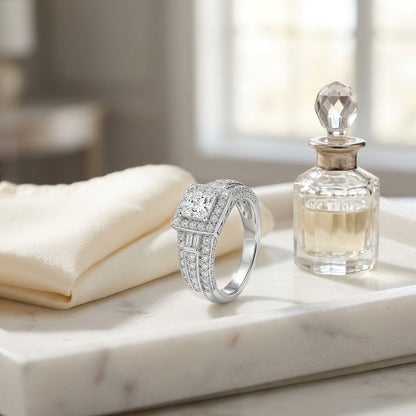 Diamond Princess Cut Halo Wide Shank Engagement Ring In 18k White Gold — marble silk