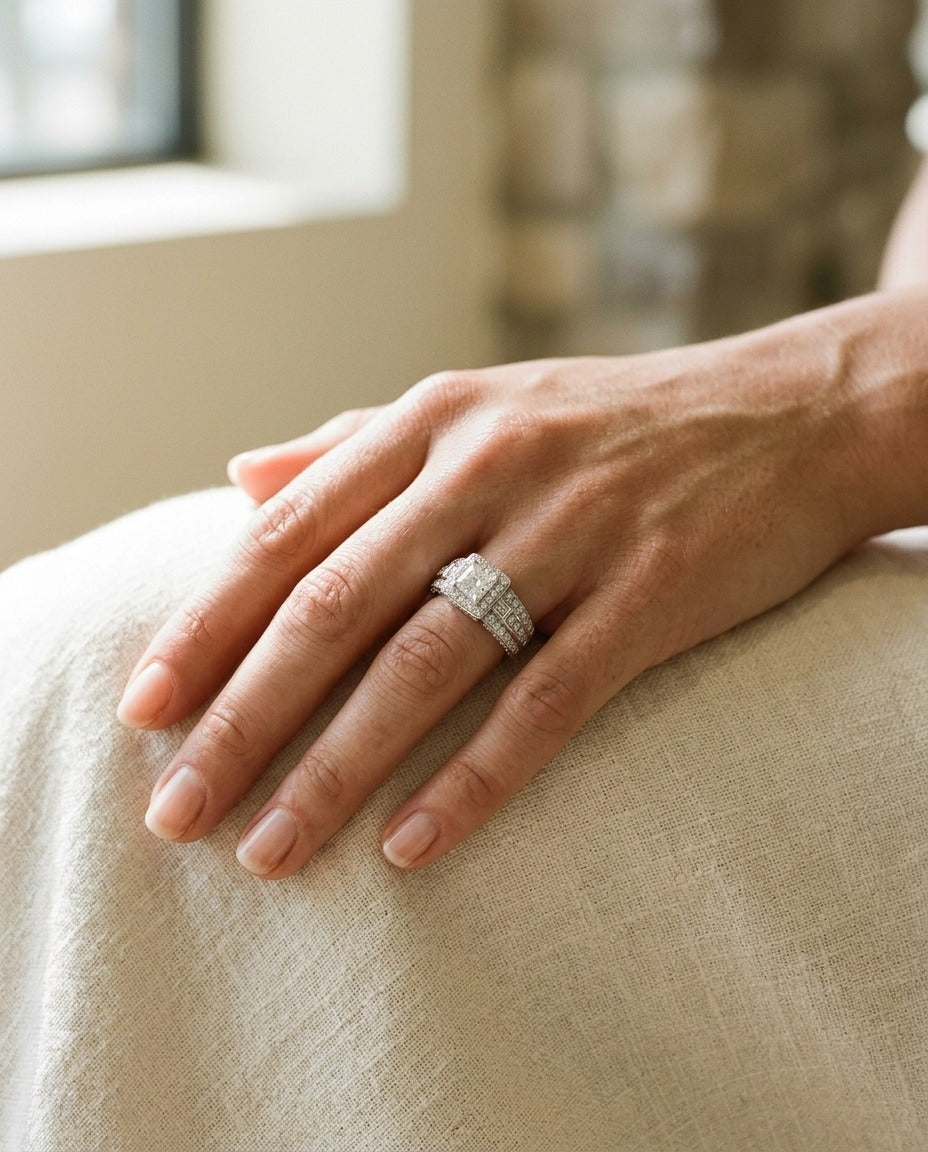 Diamond Princess Cut Halo Wide Shank Engagement Ring In 18k White Gold — portrait close