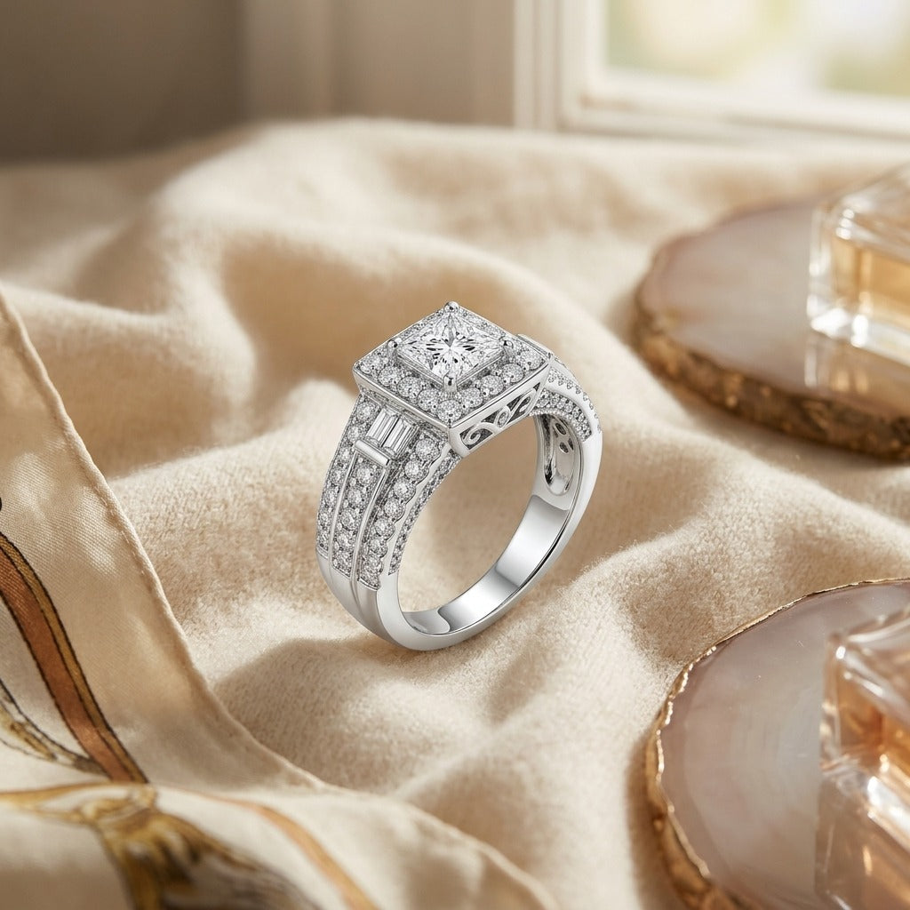 Diamond Princess Cut Halo Wide Shank Engagement Ring In 18k White Gold — textile flat lay