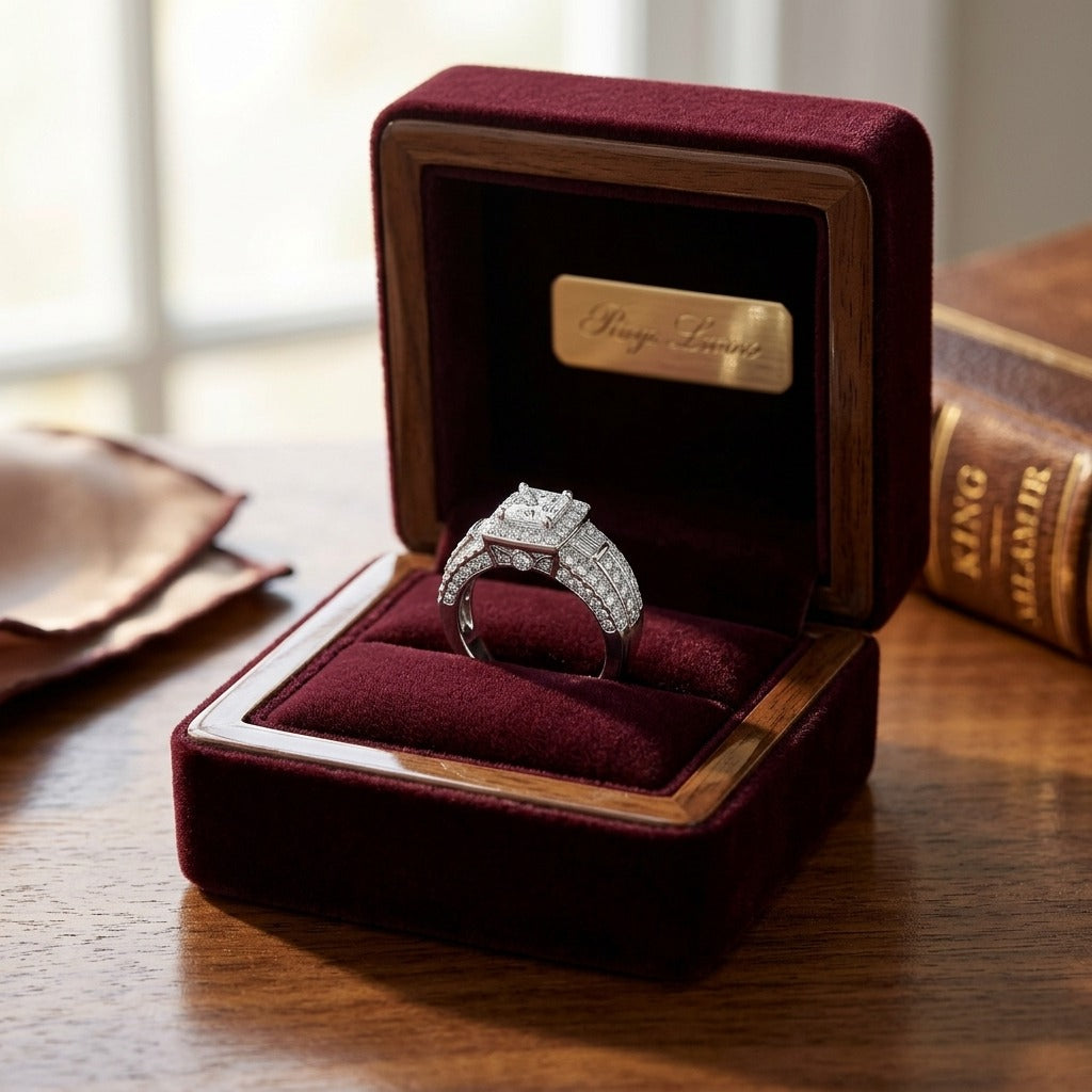 Diamond Princess Cut Halo Wide Shank Engagement Ring In 18k White Gold — velvet box