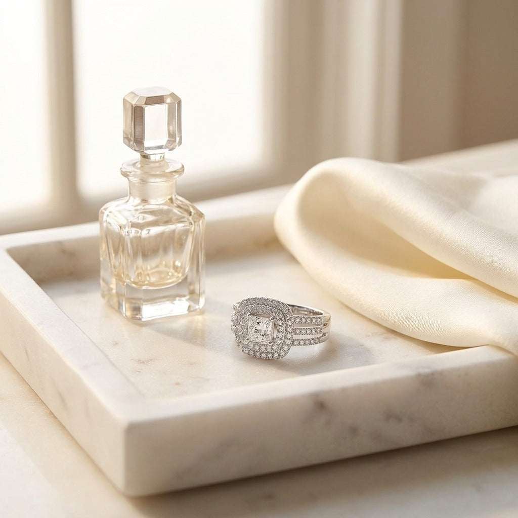 Diamond Princess Cut Double Halo Engagement Ring In 18k White Gold — marble silk