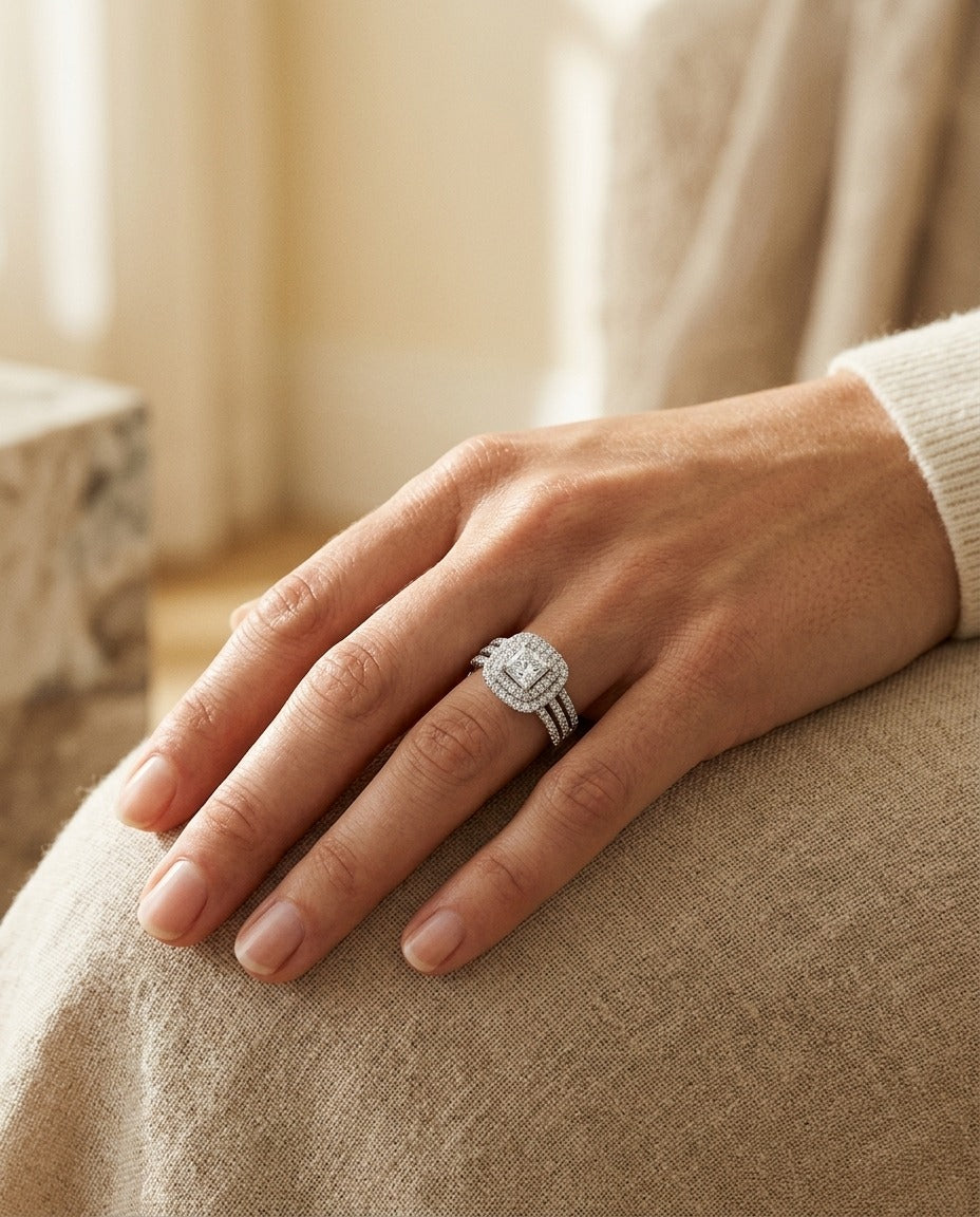 Diamond Princess Cut Double Halo Engagement Ring In 18k White Gold — portrait close