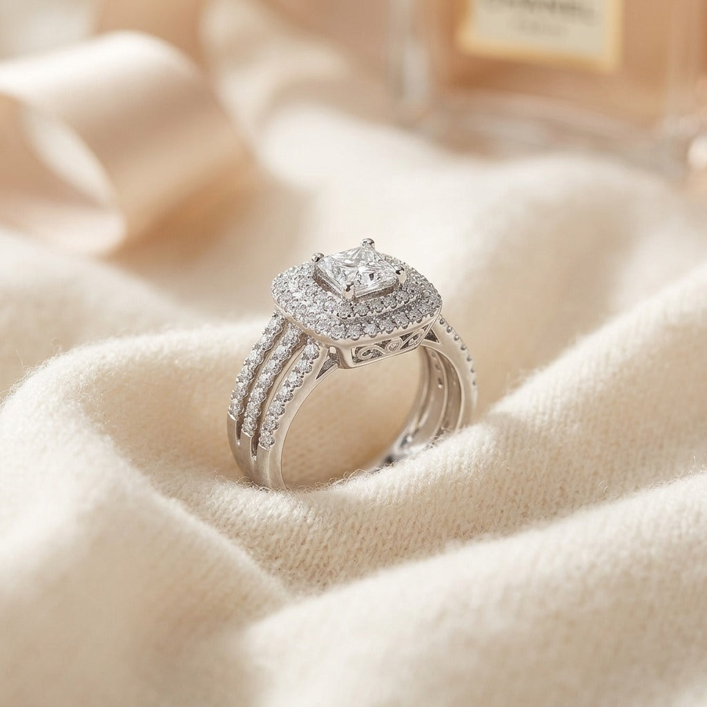 Diamond Princess Cut Double Halo Engagement Ring In 18k White Gold — textile flat lay