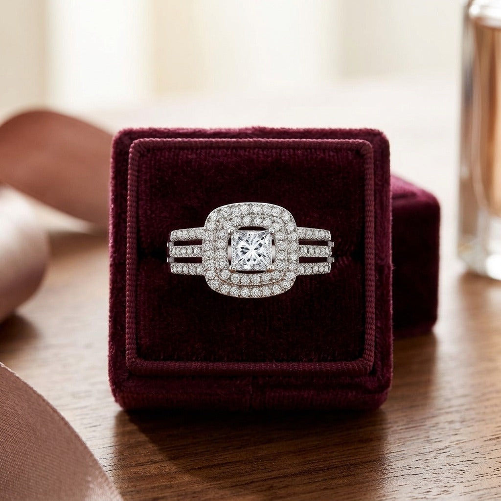 Diamond Princess Cut Double Halo Engagement Ring In 18k White Gold — velvet box