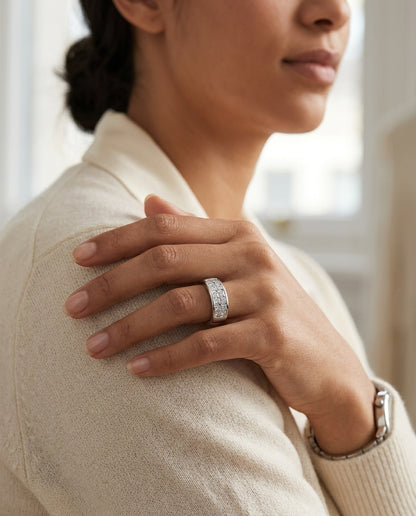 Diamond Invisible Princess & Baguette Ring In 18k White Gold — editorial close-up