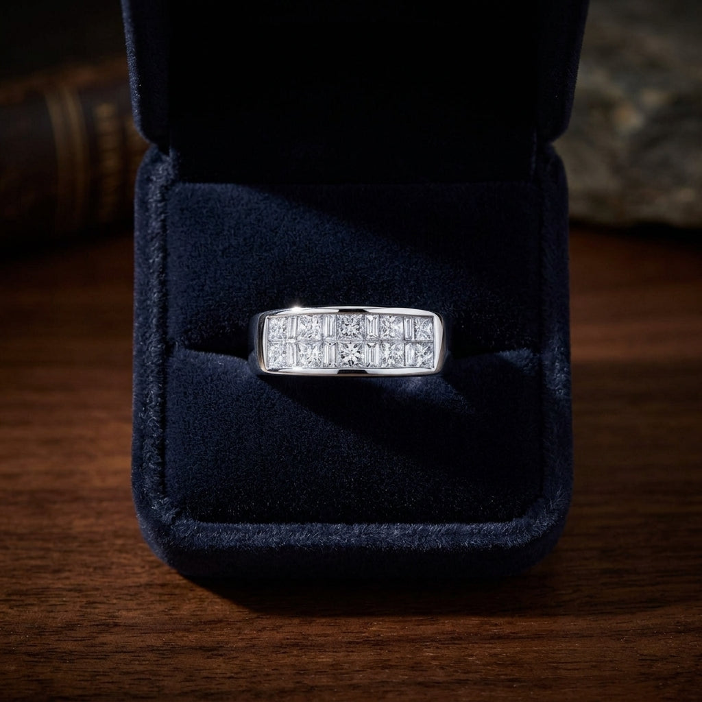 Diamond Invisible Princess & Baguette Ring In 18k White Gold — gift presentation