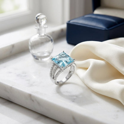 Aquamarine And Diamond Split Shank Ring In 18k White Gold — atelier still life
