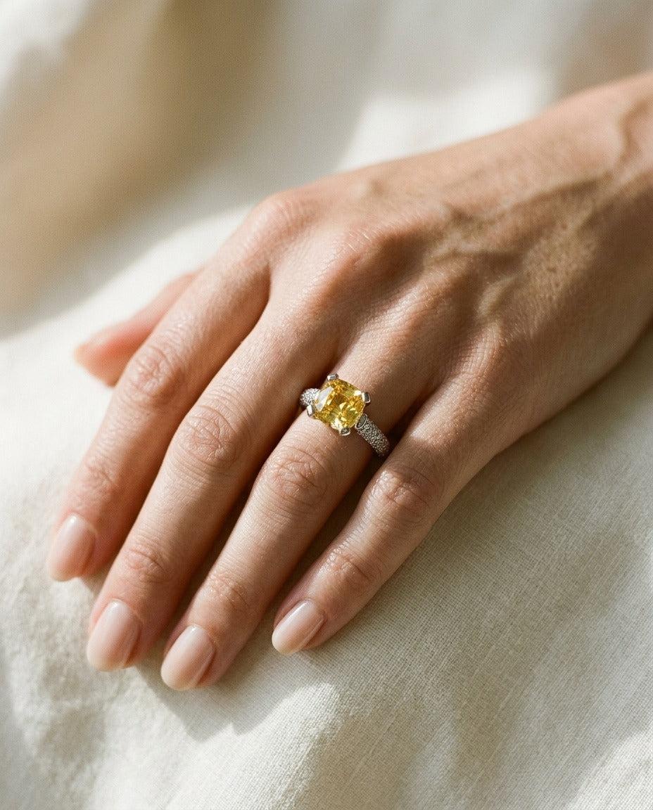 Yellow Sapphire 8mm Cushion And Diamond Ring 18k White Gold — portrait close