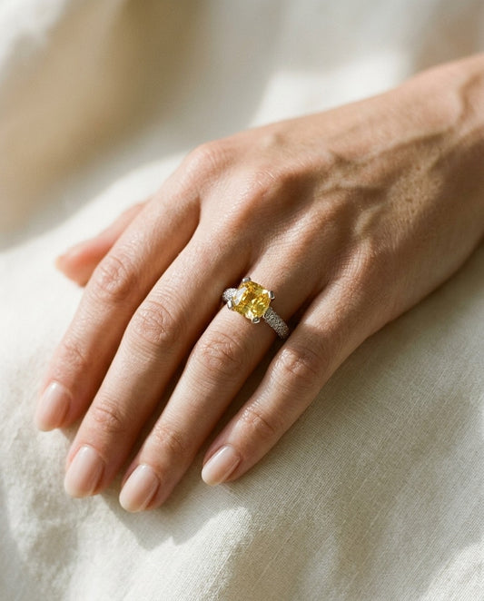 Yellow Sapphire 8mm Cushion And Diamond Ring 18k White Gold — portrait close