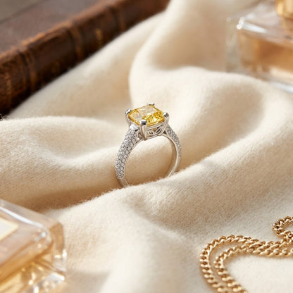 Yellow Sapphire 8mm Cushion And Diamond Ring 18k White Gold — textile flat lay