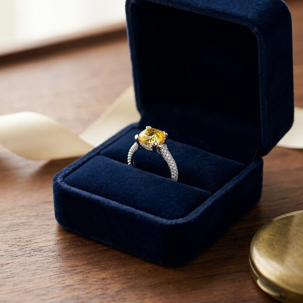 Yellow Sapphire 8mm Cushion And Diamond Ring 18k White Gold — velvet box
