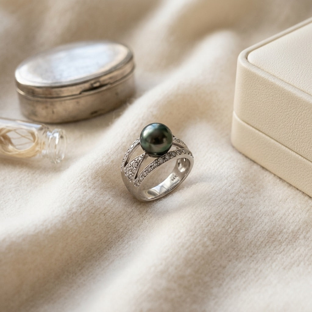 Cultered Pearl and Diamond Multi Row Ring in 18k White Gold (8.5-9mm) — textile flat lay