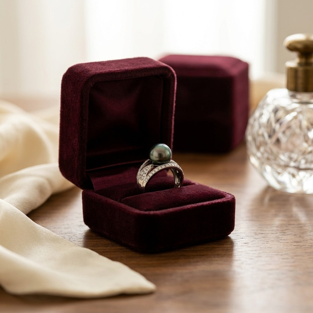 Cultered Pearl and Diamond Multi Row Ring in 18k White Gold (8.5-9mm) — velvet box
