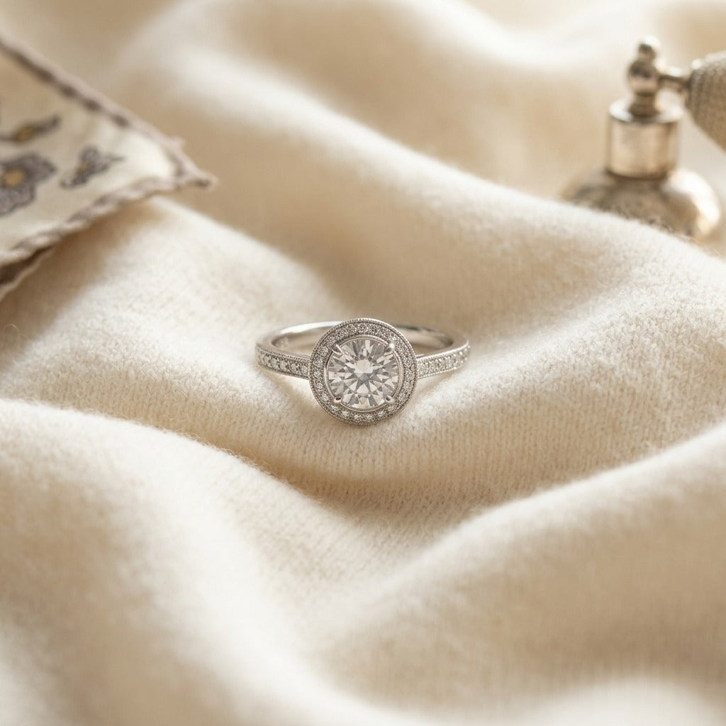 Morganite and Diamond Halo Eternity Ring 18k White Gold (1ctw) — textile flat lay