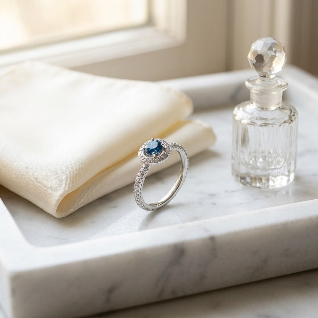 Sapphire and Diamond Halo Pave Eternity Ring in 18k White Gold (1ctw) — marble silk