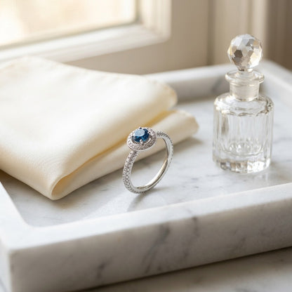 Sapphire and Diamond Halo Pave Eternity Ring in 18k White Gold (1ctw) — marble silk
