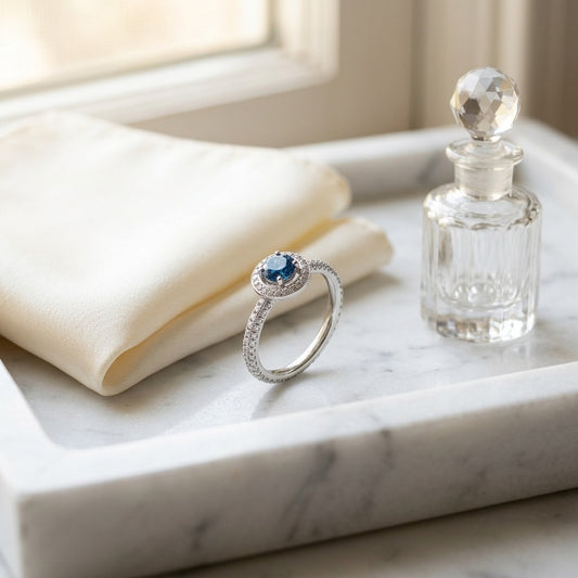 Sapphire and Diamond Halo Pave Eternity Ring in 18k White Gold (1ctw) — marble silk