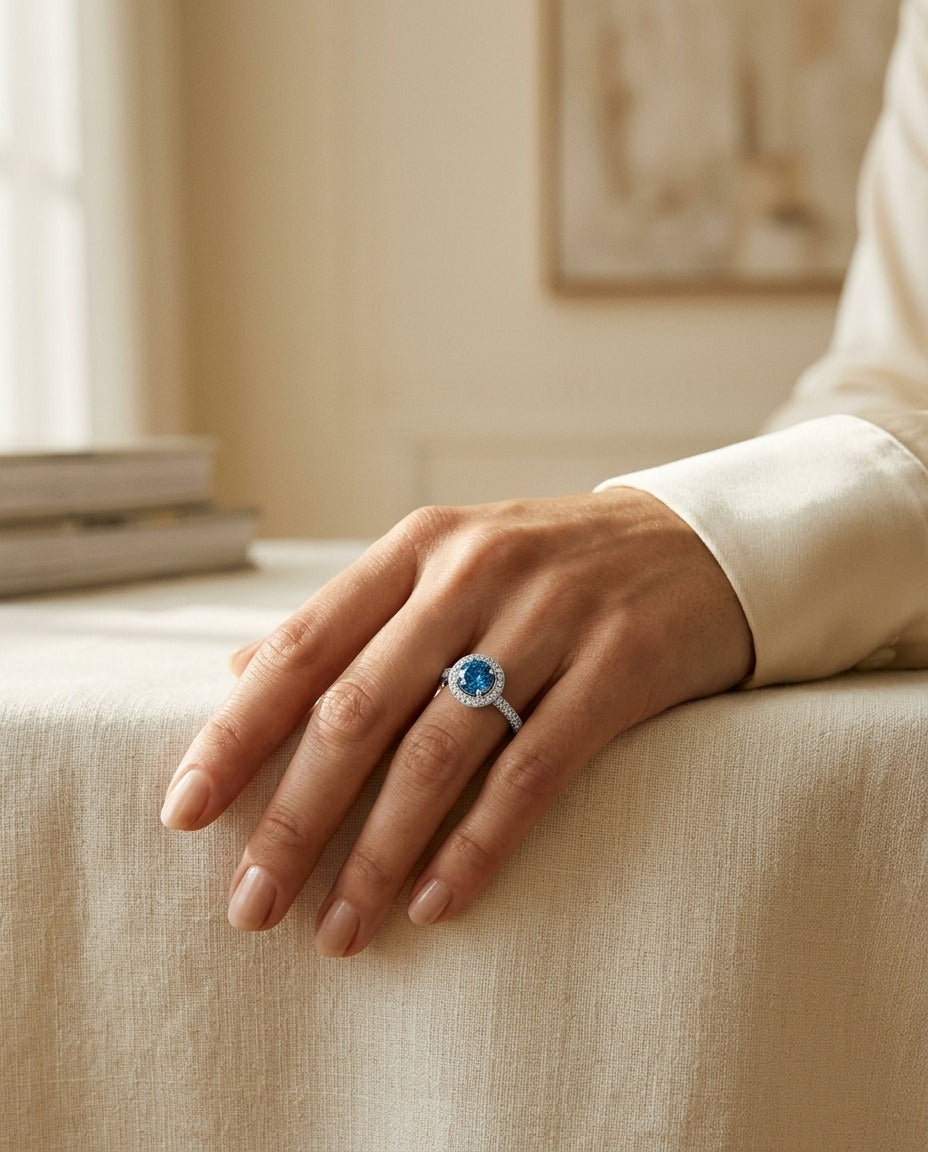 Sapphire and Diamond Halo Pave Eternity Ring in 18k White Gold (1ctw) — portrait close