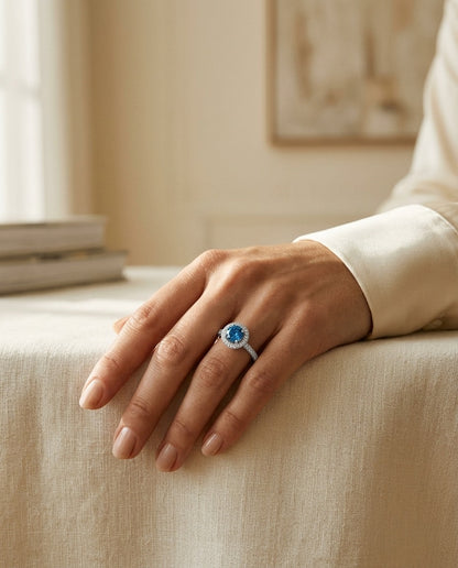 Sapphire and Diamond Halo Pave Eternity Ring in 18k White Gold (1ctw) — portrait close