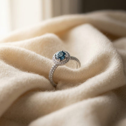 Sapphire and Diamond Halo Pave Eternity Ring in 18k White Gold (1ctw) — textile flat lay