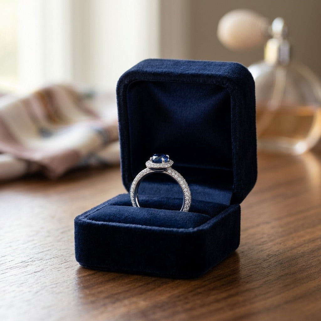 Sapphire and Diamond Halo Pave Eternity Ring in 18k White Gold (1ctw) — velvet box