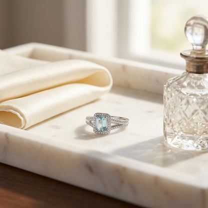 Aquamarine And Diamond Halo Ring — marble silk