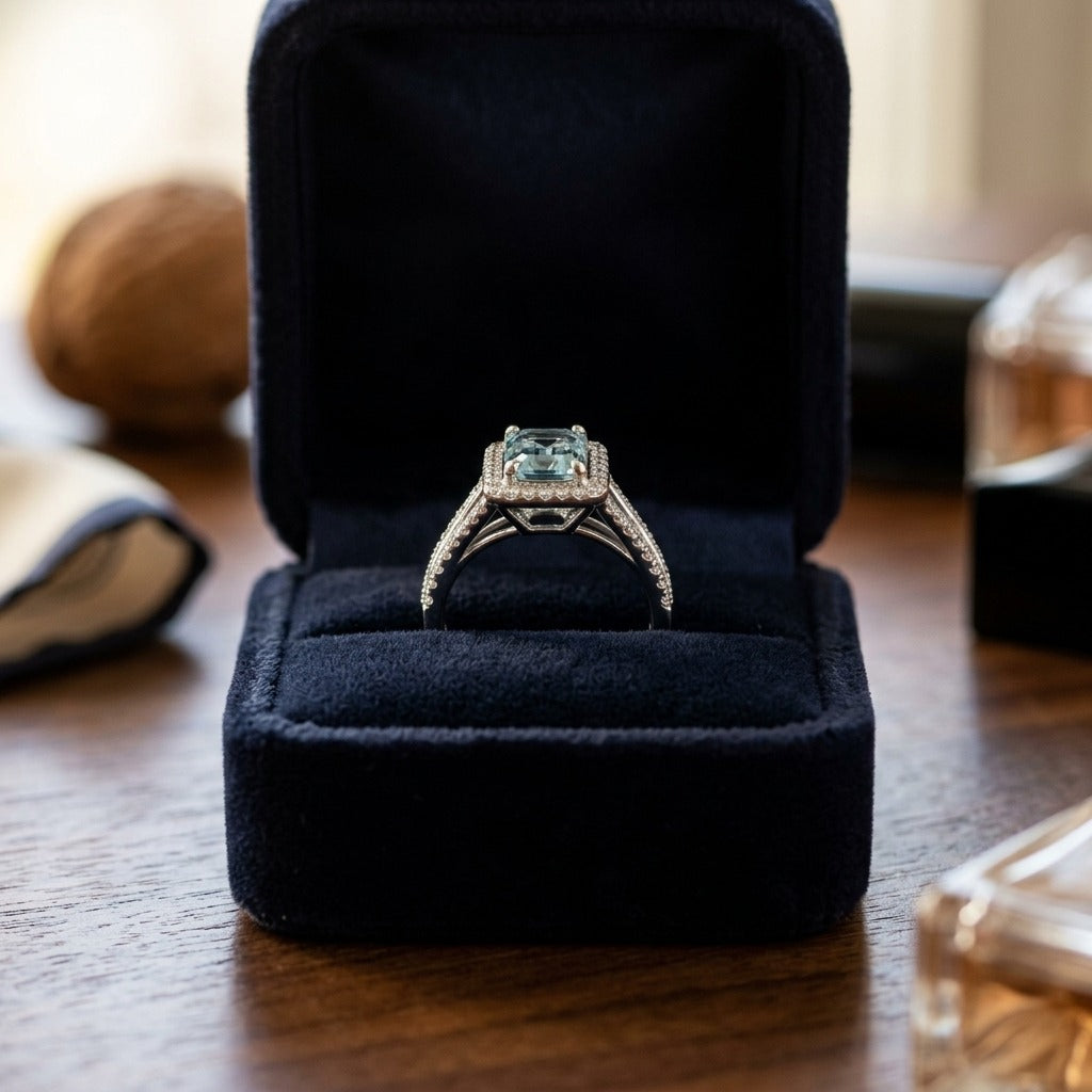 Aquamarine And Diamond Halo Ring — velvet box