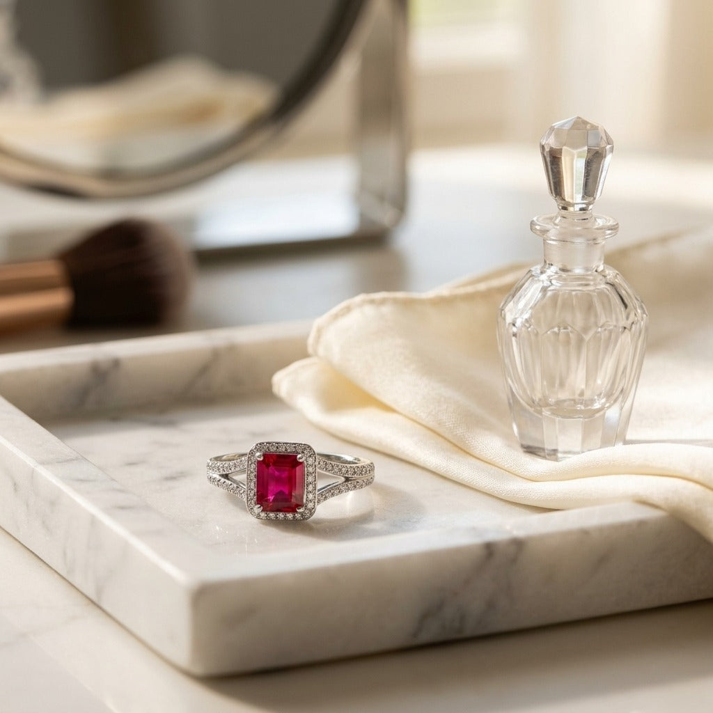 Ruby Emerald Cut And Diamond Ring 18k White Gold — marble silk