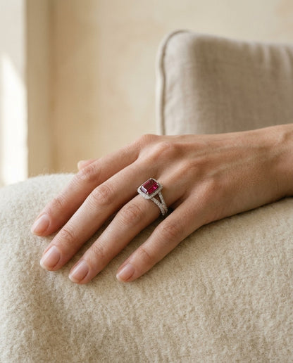 Ruby Emerald Cut And Diamond Ring 18k White Gold — portrait close