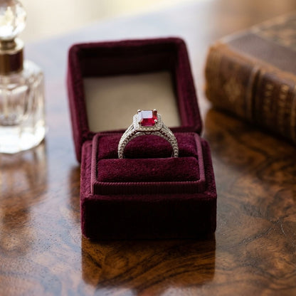 Ruby Emerald Cut And Diamond Ring 18k White Gold — velvet box