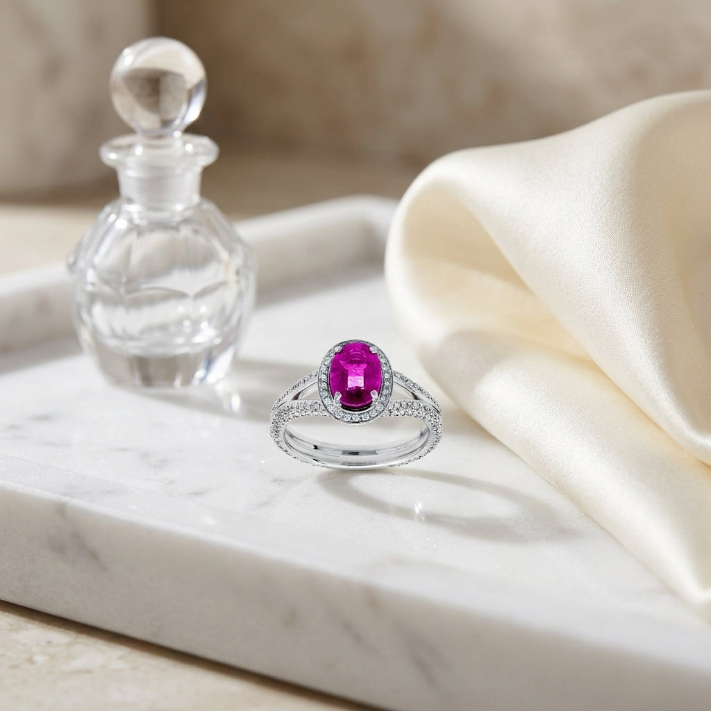 Ruby And Diamond Halo Ring 18k White Gold — atelier still life