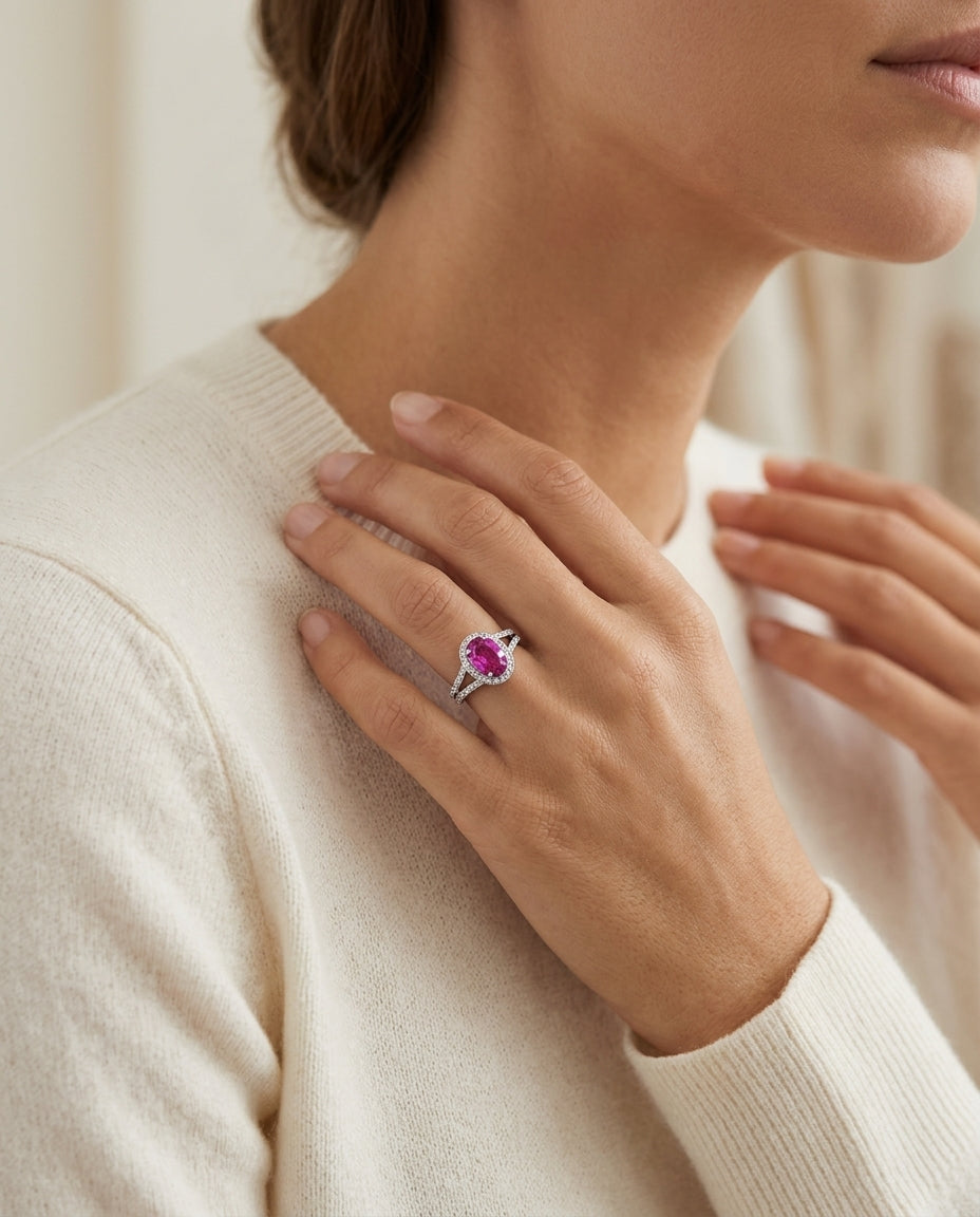 Ruby And Diamond Halo Ring 18k White Gold — editorial close-up