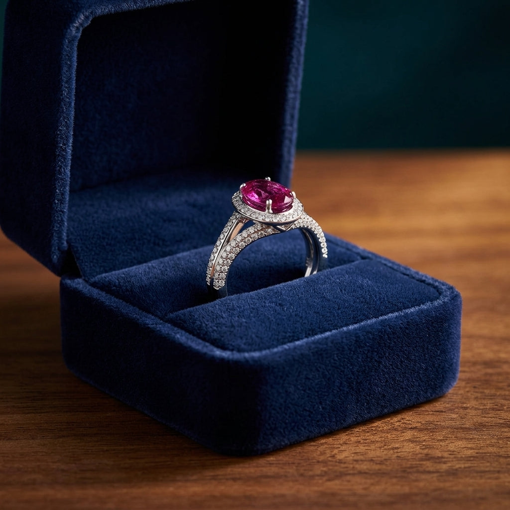 Ruby And Diamond Halo Ring 18k White Gold — gift presentation